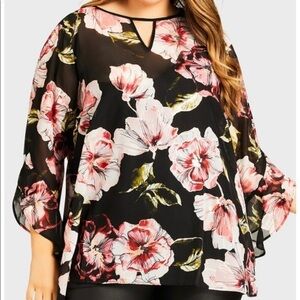 Glitzy gold foil on Black floral top in plus size 2X